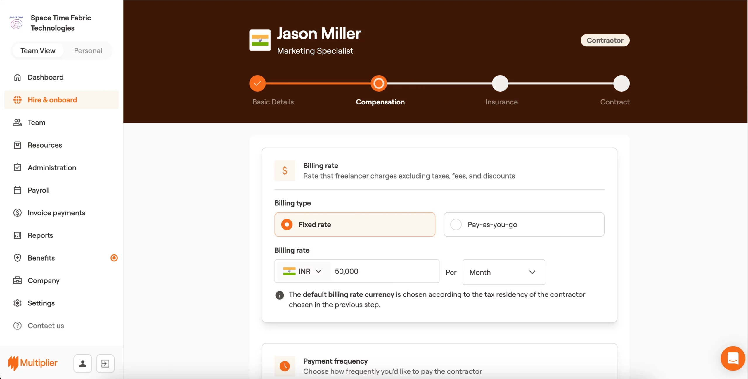 Billing type, rate, frequency, and invoice generation for onboarding a contractor in India.